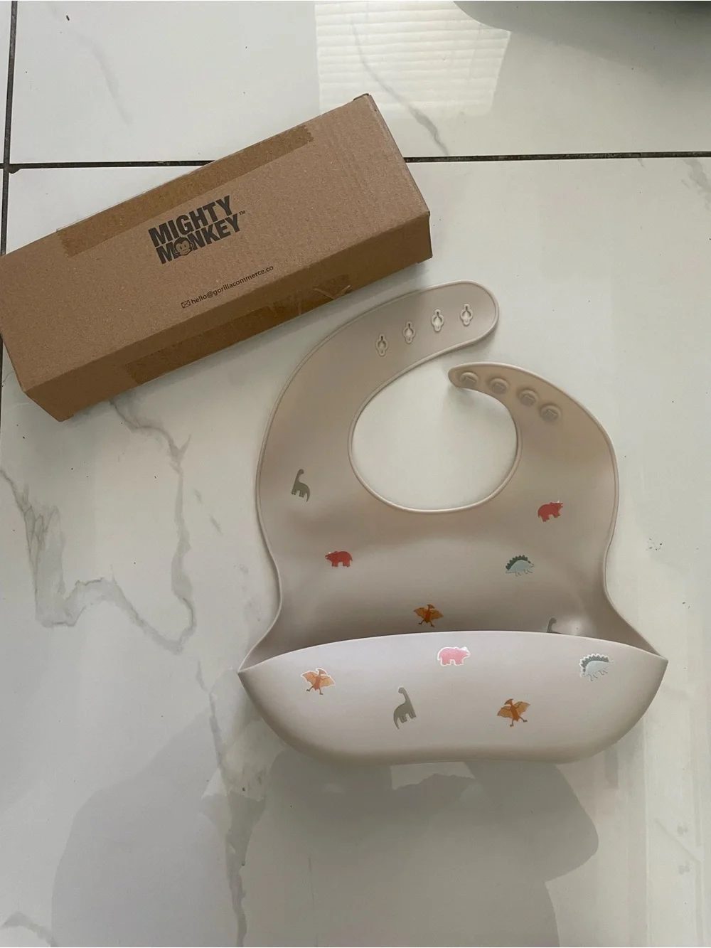 Beige Silicone Baby Bib with Dino Motif